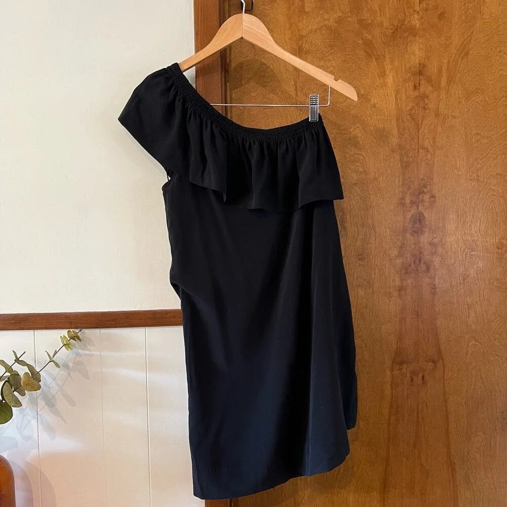 MADEWELL‎ Silk One-Shoulder Ruffle Mini Shift Dress Black Pockets NWT Women's 0 - Picture 6 of 9